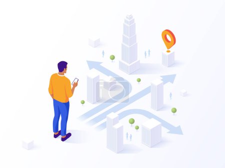 Man pondering choices at a question mark crossroad with multiple arrows. GPS navigation. Concept of decision making. Vector isometric illustration. Business concept