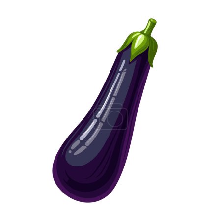 Dark purple eggplant with a vibrant green cap, rendered in flat vector style with subtle highlights, presented on a pristine white background for versatile use