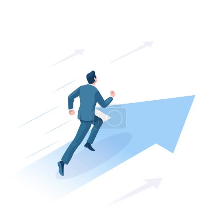 Isometric vector of a person on an arrow, symbolizing progress and success. Ideal for business and motivational themes. Running businessman.