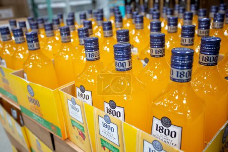 Photo for Los Angeles, California, United States - 03-01-2022: A view of several bottles of 1800 Tequila Margarita beverage, on display at a local big box grocery store. - Royalty Free Image