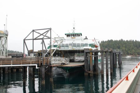 Photo for Friday Harbor, Washington, United States - 09-11-2021: A view of a ferry boat docked, ready for vehicles and passengers. - Royalty Free Image