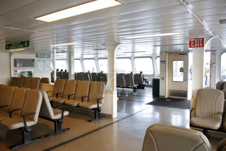Photo for Friday Harbor, Washington, United States - 09-11-2021: A view of the interior of a ferry boat, featuring the passenger seating area. - Royalty Free Image