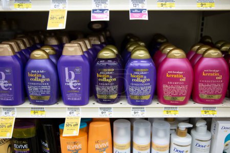Photo for Los Angeles, California, United States - 05-20-2022: A view of several bottles of OGX hair products, on display at a local grocery store. - Royalty Free Image