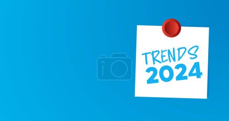 Trends 2024 Word White Sticky Note on Blue Cardboard Background