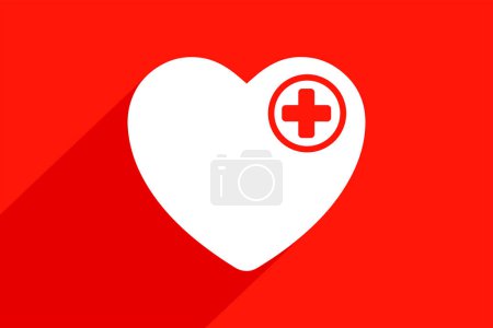 Icono del corazón con signo médico. Icono blanco con sombra larga sobre fondo rojo.