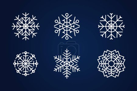 Una colección de seis ilustraciones detalladas de copo de nieve blanco sobre un fondo azul oscuro, perfectas para diseños temáticos de invierno y Navidad.