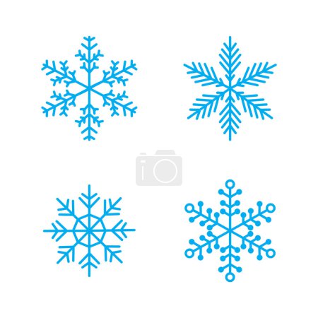 Collection of four unique blue snowflakes on a white background. Perfect for holiday, winter, and Christmas designs.