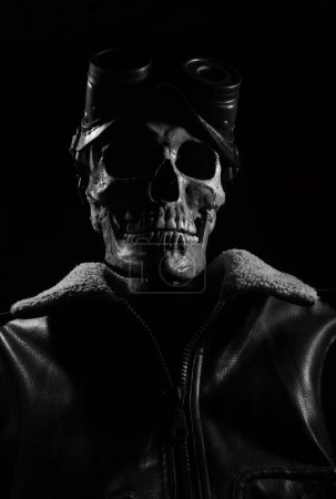 Photo for Skull with leather jacket and steampunk goggles. Aviator costume. Black and whit - Royalty Free Image