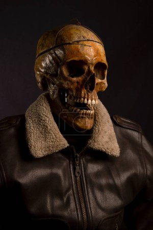 Photo for Skull with leather jacket. Aviator costum - Royalty Free Image