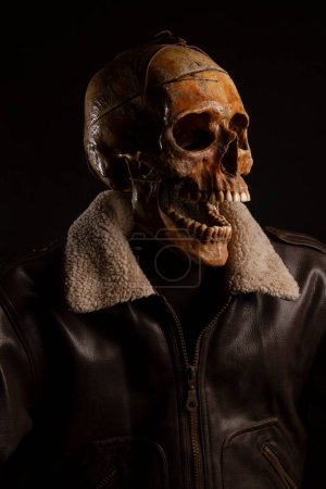 Photo for Skull with leather jacket. Aviator costum - Royalty Free Image