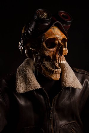 Photo for Skull with leather jacket and steampunk goggles. Aviator costum - Royalty Free Image