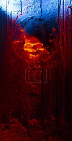 Crâne illuminé de lumières bleues et rouges sur un bois texturé
