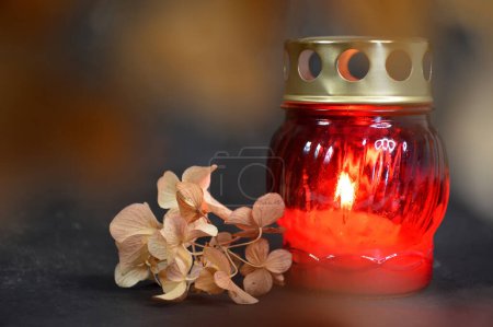 Téléchargez les photos : Bougie brûlante et fleur d'hortensia sèche sur fond sombre. Carte de sympathie - en image libre de droit