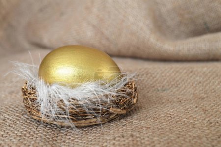 Foto de Huevo de oro en el nido con plumas, tarjeta de Pascua - Imagen libre de derechos