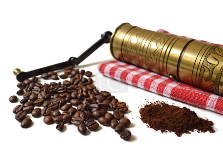 Photo for Vintage coffee grinder and scattered coffee beans - Royalty Free Image