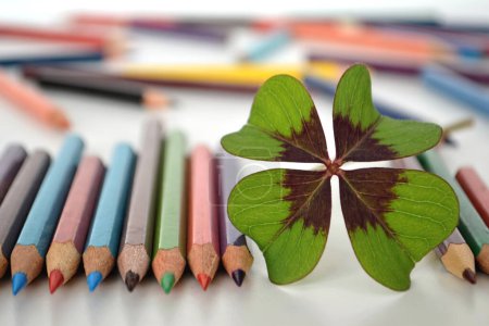 Téléchargez les photos : Crayons de couleur et feuilles de trèfle sur le bureau de l'école - en image libre de droit