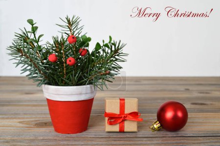 Merry christmas card template. Pine branches with red beries in pot, christmas ball and small wrapped present 