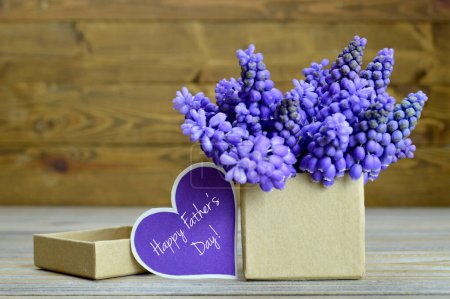 Téléchargez les photos : Cadeau de la fête des pères : fleurs de muscari violet disposées dans une boîte cadeau - en image libre de droit