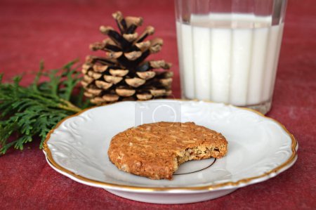 Foto de Pedazo de galleta en el plato, un vaso de leche y cono de pino con rama verde en la mesa - Imagen libre de derechos