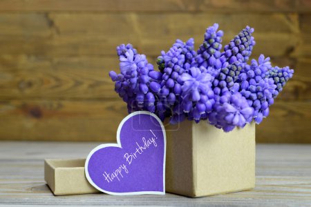 Téléchargez les photos : Joyeux anniversaire carte et fleurs Muscari disposés dans une boîte cadeau - en image libre de droit