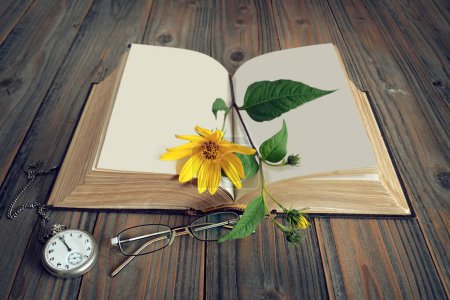 Téléchargez les photos : Ouvert vieux livre et fleur jaune, lunettes et horloge de poche vintage sur fond en bois - en image libre de droit
