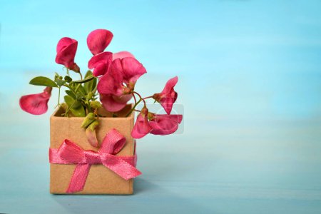 Téléchargez les photos : Cadeau de la fête des mères : fleurs sauvages roses disposées dans une boîte cadeau - en image libre de droit