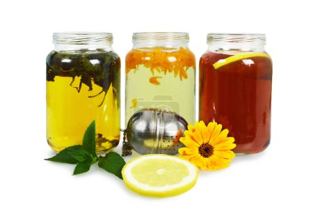 Various tea jars isolated on white background
