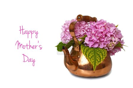 Happy Women's Day card. Pink Hydrangea flowers in vintage copper kettle 