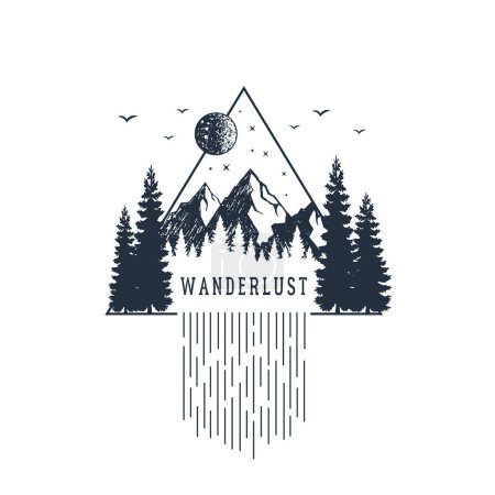 Abeto dibujado a mano y montañas ilustraciones vectoriales texturizadas. Doble exposición con bosque de pinos, montañas y cascada en un triángulo con letras "Wanderlust". Estilo geométrico.