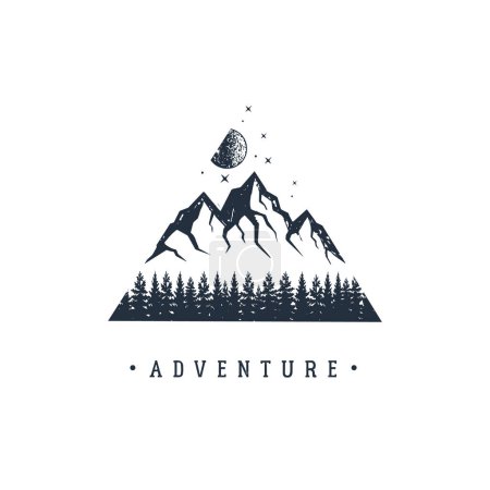 Hand drawn fir trees and mountains textured vector illustrations. Double exposure with pine forest, mountains and moon in a triangle with "Adventure" lettering. Geometric style.