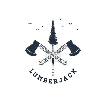 Hand drawn crossed axes textured vector illustration. Double exposure with pine tree, birds, and "Lumberjack" lettering.