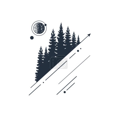Ilustración de Árboles de abeto dibujado a mano ilustraciones vectoriales texturizadas. Doble exposición con bosque de pinos, luna, y flechas y líneas alrededor. Estilo geométrico. - Imagen libre de derechos