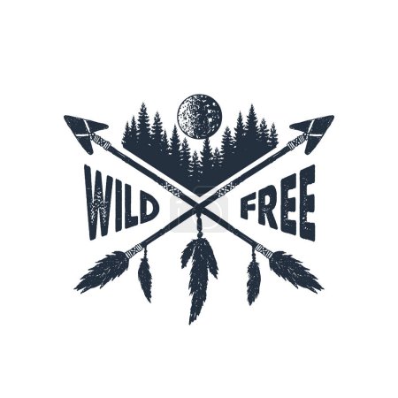 Illustration for Hand drawn crossed arrows textured vector illustrations. Double exposure with pine forest, moons and feathers with "Wild Free" lettering. Geometric style. - Royalty Free Image