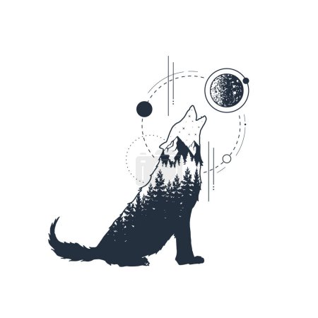 Handgezeichnete heulende Wolf texturierte Vektorillustration. Doppelbelichtung mit Kiefernwald, Gebirgskette und Mond mit Kreisen um sich herum. Geometrischer Stil.