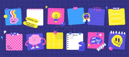Illustration for Sticky hand drawn doodle notes on paper, cute blanks, office notices, home reminder with funny characters. Paper sticky notes, memo messages, torn paper for school, university, work. Vector eps 10 - Royalty Free Image