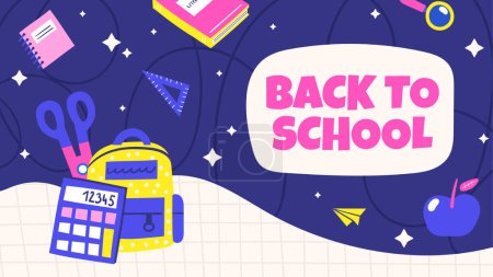 Illustration for Back to school template banner with backpack, calculator, books, apple, scissors, ruler, paper airplane. Hand drawn doodle cartoon style education card, poster, background, page, cover brochure - Royalty Free Image