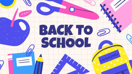 Illustration for Back to school template banner with backpack, copybook, book, apple, scissors, ruler, paper clips. Hand drawn doodle cartoon style education card, poster, background, page, cover, brochure with text. - Royalty Free Image