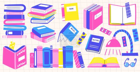 Illustration for Hand drawn doodle cute books stack in different projections, side, top view, in a group, closed, open, in a row. Book set for books lovers, school, university, educational process. Book with lamp - Royalty Free Image