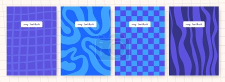 Illustration for School textbook, notebook covers set. Cute hand drawn doodle page, postcard, background with patterns. Postcard template with abstract trendy blue and purple elements, waves, lines, squares, tiles - Royalty Free Image