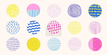 Illustration for Circles with patterns set. Cute hand drawn doodle round shapes with dots, lines, swirls, drops. Abstract elements, icons for web, logo, background, poster, template, banner card - Royalty Free Image