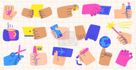 Illustration for Hands in different poses holding paper, smartphone, scissors, airplane ticket, globe, bead, cup of tea, laptop, money, heart, magic wand, pencil, flag, coin lighter Hand drawn doodle cute hands set - Royalty Free Image