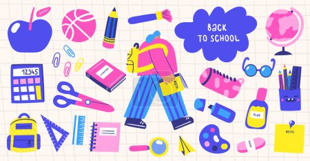 Ilustración de Objetos de la escuela en estilo dibujado a mano garabato lindo. Estudiante caminando con libro rodeado de manzana, bola, lápiz, tijeras, pegamento, gafas, marcador, borrador, papel de nota, mochila, cepillo, calculadora - Imagen libre de derechos