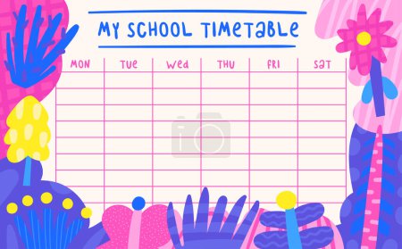 Photo for Back to school cosmic theme timetable. Cute hand drawn doodle schedule template for students, pupils, kids with funny plants, trees, leaves, flowers, berries, nature elements. Weekly planner design - Royalty Free Image