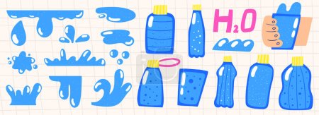 Ilustración de Botellas de agua, gotas, olas, lágrimas, líquido, spray set. Colección de agua de garabato dibujado a mano lindo incluyendo vidrio, plástico, mano sosteniendo vaso de agua. Gota de lluvia, colección de salpicaduras de naturaleza - Imagen libre de derechos