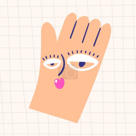 Illustration for Cute hand drawn doodle hand character with woman face. Funny trendy cartoon style icon for girl, lady, women. Illustration in surrealistic style - Royalty Free Image
