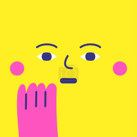Illustration for Cute hand drawn doodle surprised face with arm holding cheek. Yellow funny shocked mascot. Square cartoon style character for kids, children - Royalty Free Image
