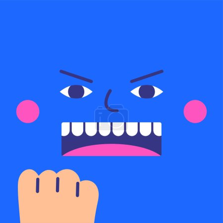 Illustration for Angry face with fist icon. Funny emoticon with blue man showing frustration, stress, rage, conflict feeling. Blue person square symbol with arm gesture - Royalty Free Image