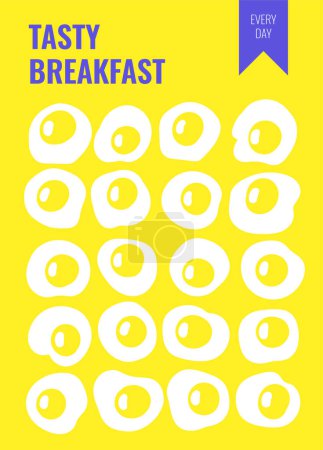 Illustration for Background with doodle eggs. Funny style signboard, banner, cover, poster, brochure with fried, boiled, raw chicken, quail eggs. Modern template for restaurant, cafe, morning meal breakfast - Royalty Free Image