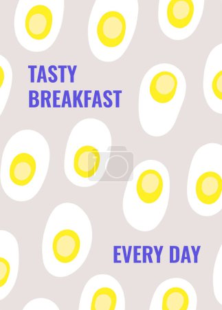 Illustration for Background with doodle eggs. Funny style signboard, banner, cover, poster, brochure with fried, boiled, raw chicken, quail eggs. Modern template for restaurant, cafe, morning meal breakfast - Royalty Free Image