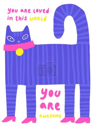 Illustration for Cute doodle birthday, party, baby shower card, brochure, invitation with cat. Cartoon character, object background. Printable template - Royalty Free Image
